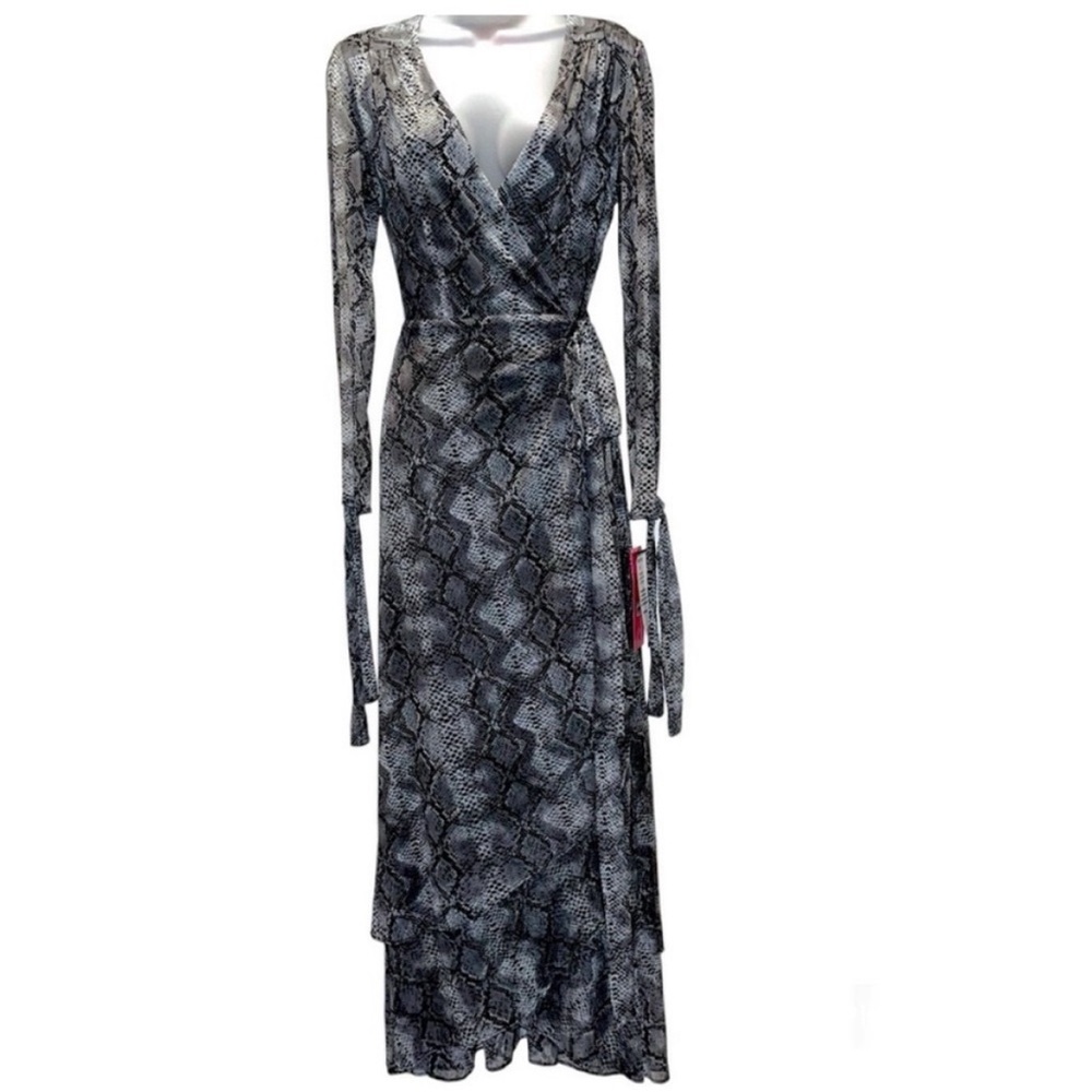 Betsey Johnson Snake Print Bow Sleeve Wrap Maxi Dress Gray Black Evening Formal - Picture 9 of 16